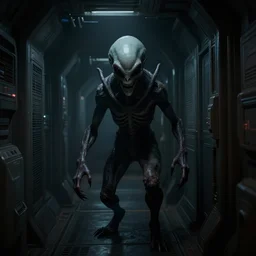 horrifying alien lurking in the shadows of a spaceship corridor, dark lighting, unreal engine