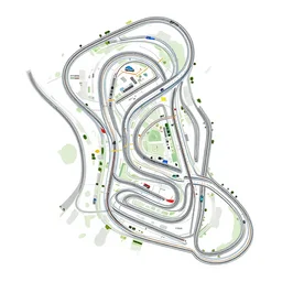 racetrack scheme vector map like monza nordschleife long straights curves. white background style like mini metro game