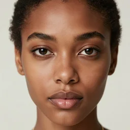 a photograph of a black eyed woman looking at viewer, very beautiful face, very detailed eyes, highly detailed face, serene