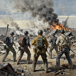 A pastel painting of humanities struggle after the nuclear devastation of world war three