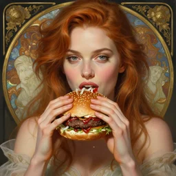 portrait of anne heche eating hamburgers, extra onions and ketchup, luscious patty with sesame seeds, feminine ethereal, handsome, d & d, fantasy, intricate, elegant, highly detailed, digital painting, artstation, concept art, matte, sharp focus, illustration, art by artgerm and greg rutkowski and alphonse mucha