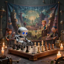 a beautiful tapestry of a dream, a small robot playing 3 d chess, ultra detailed, cityscae, atmospheric, steampunk, moody, candles, characters from machinarium, by don bluth, trending on artstation, octane render, 8 k, ultra realistic