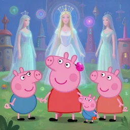 a painting of very well dressed goats, medieval peppa pig, cyberpunk art by android jones and mike beeple winkelmann, eye - candy, ethereal goddesses, crazy architectures, cute animals and magic portals, cinematic, highly detailed, blender 3 d, trending on cgsociety, 3 d render, rendered in octane