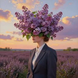portrait, giant lilac flower as the head, ba lack woman in a suit in a heather field, surreal photography, golden hour, colorful clouds, impressionist painting, digital painting, artstation, simon stalenhag