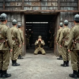 soldier hiding in a warehouse from guards, wide shot, 1 9 8 7, color, movie still
