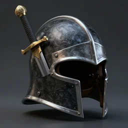 a helmet with a sword in it, hyperdetailed, artstation, cgsociety, 8 k
