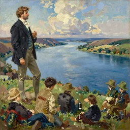 painting by sargent and leyendecker and greg hildebrandt savrasov levitan polenov, studio ghibli, middle earth landscape, wide river and lakes masterpiece