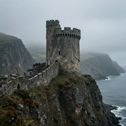single stone medieval castle tower on a cliff side with massive cloth draped from the castle tower, highly detailed fog, rain, moody, low key, surrounded by cliffs, hills and ocean, wide shot, trending on artstation, concept art, beautiful