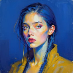 female cyberpunk portrait by cy Twombly and BASTIEN LECOUFFE DEHARME, iridescent, volumetric lighting, blue and mustard