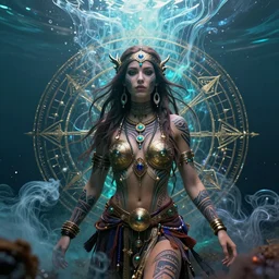 a centered render of an mytical festival hippy with tribal tattoos wearing intricate metallic clothing surrounded by a underwater ink pour and flowing liquid gallium and sacred geometry, perfect body and face, gorgeous, cinematic, beautifully lit, by alberto seveso, by zack snyder, by cory loftis, 3 d, trending on artstation, octane render, 8 k