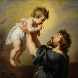 a huge son holds his little bearded father saturn in the air in the air to and bites off a piece of him, details, artistic composition, golden ratio, soft light, warm tones, painting, artist's painting, beautifully drawn, depth of field, painting by francisco goya