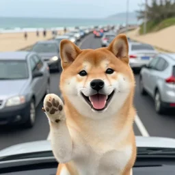 shiba inu waving goodbye in bumper-to-bumper beach traffic