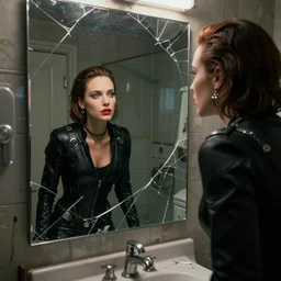 octane render candid photographic portrait by quentin tarantino of a beautiful feminine man wearing black techwear and light makeup looking in a broken bathroom mirror, rundown new york apartment, full shot, retrofuturism grunge cyberpunk cinematic time dilation, 4 k, 8 k, hd, high resolution, ultra realistic faces, photorealistic, intricate detail, trending on artstation, digital painting, clockwork orange
