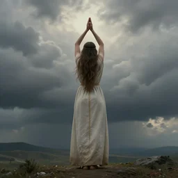 incan female priest starring at the sky with arms up, praying at the sky, showing her back, matte painting, fantasy art