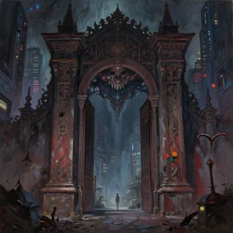 baroque oil painting of anime key visual environment concept art of the gates of hell in the middle of a cyberpunk city, brutalist, dark fantasy, rule of thirds, digital cel shading, fake hidden detail, trending on pixiv fanbox, acrylic palette knife and brush, style of makoto shinkai studio ghibli jamie wyeth james gilleard greg rutkowski