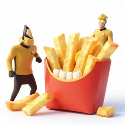 Giant anthropomorphic French Fries!!! fighting star trek engineers!!, big teeth on fries biting