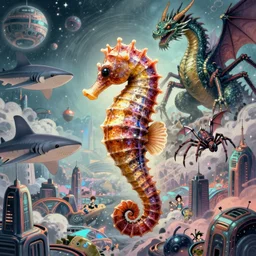 a seahorse, goblinshark, dragon, quetzalcoatl, and spider hybrid giant kaiju! destroyed futuristic city on alien world! surreal art, semi realistic anime, h. r. giger, zdzisław beksinski, studio ghibli, makoto shinkai, cinematic, award winning illustration, masterpiece, trending on pixiv, 8 k