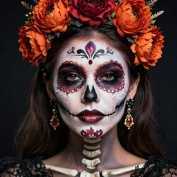 halloween beauty portrait of a skeleton woman of death, the makeup on the face. day of the dead. charming and dangerous calavera catrina, trending on artstation, by ivafoto