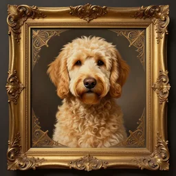 full photograph of a golden doodle in a picture frame, deep focus, intricate, elegant, regal, highly detailed, digital painting, artstation, concept art, matte, sharp focus, illustration, d & d, fantasy, hearthstone, art by artgerm and greg rutkowski and alphonse mucha