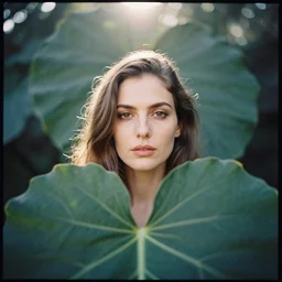 An analog head and shoulder portrait photography of a woman behind multiple big leaves by Annie Leibovitz. Long hair. Kodak Portra 800 film. Depth of field. whirl bokeh. Sunshine. detailed. hq. realistic. warm light. muted colors. Moody. Filmic. Dreamy. lens flare. Leica M9, f/1.2, symmetrical balance, in-frame