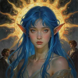 stunning, breathtaking, awe-inspiring award-winning concept art nouveau painting of attractive Asian elf with blue hair and elf ears, as the goddess of the sun, with anxious, piercing eyes, by Alphonse Mucha, Michael Whelan, William Adolphe Bouguereau, John Williams Waterhouse, and Donato Giancola, cyberpunk, extremely moody lighting, glowing light and shadow, atmospheric, cinematic, 8K
