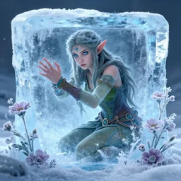 a fantasy elf woman trapped and frozen trying to get out of a block of clear ice, with frozen flowers around her, artstation, greg rutkowski