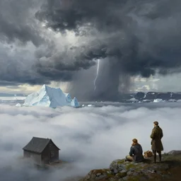concept art by destiny game, painting by sargent and leyendecker and greg hildebrandt savrasov levitan above the low clouds on greenland iceland kamchatka overcast thunder storm