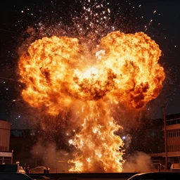 A realistic photo of a huge explosion in the city, light particles, fire, fire particles