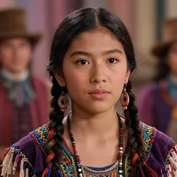 closeup photo of a young chinese mexican tribal woman in the style of rosie matheson in a film still of willy wonka and the sausage factory