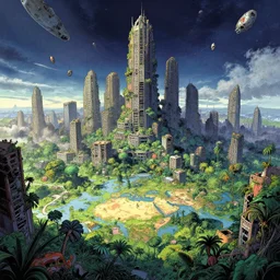 very detailed, prophet graphic novel, ilya kuvshinov, mcbess, rutkowski, simon roy, illustration of decrepit arcologies skyline dystopian megacity with space junk floating in the sky on a dead planet earth, nature taking city back, flourishing jungle covering ruins, wide shot, colorful, deep shadows, astrophotography