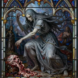 breathtaking detailed soft painting of grim reaper in gauze dress, with long hair and piercing eyes in bleeding meat and flesh, in an intricate medieval stained glass, dynamic pose and movement, rembrandt style, elegant, highly detailed, artstation, concept art, matte, sharp focus, art by tom bagshaw, luis royo and greg rutkowski