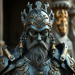 hyper realistic glorious ancient celtic god in a obsidian metal armor, futuristic design, designed by makoto kobayashi and luca zampriolo, portrait, cyberpunk style, wood and gold details, intricate, extremely detailed, ornate, deep of field, hard surface, exoskeleton, substance designer metal unreal engine. amazing likeness. very detailed.