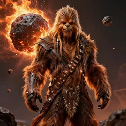 chewbacca hyperdetailed hell armor, facing an asteroid meteor, fire, beksinski, trending on artstation