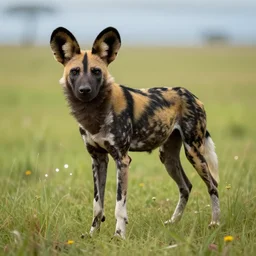 an african wild dog on the african plains, long grass, sparkling water, glistening, hyper realistic, hyper detailed, digital art, trending in artstation, cinematic lighting, studio quality, smooth render, unreal engine rendered, octane rendered, by paul lehr