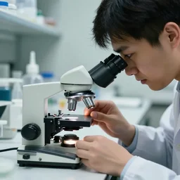 film still of a hamster working in a research lab looking through a tiny microscope, 8 k