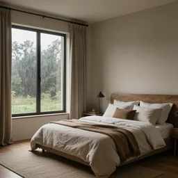 bedroom with earth tones interior, raining outside