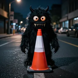 a Photo of A Traffic Cone in the middle of the street at midnight, Horror Style, Monster