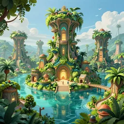 an epic organic and weird underground jungle city. brightly illuminated water. beautiful landscape. digital artwork by vincent bons, michael whelan interesting pastel colour palette. beautiful light. oil and water colour based on high quality render.