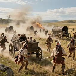 fantasy art hyper ultra 4 k photo cinematic sharp focus fantastic detail sioux indians attacking raiding destroying wagons