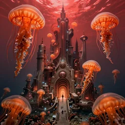 hyperrealistic hyper detailed underwater neo-dystopian city of atlantis surrounded by giant orange jellyfish matte painting concept art maciej kuciara hajime sorayama cinematic soft red lighting low angle hd 8k sharp shallow depth of field