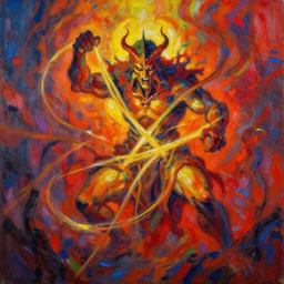 The God of Chaos weaving evil into reality, impressionistic painting, vivid, vibrant