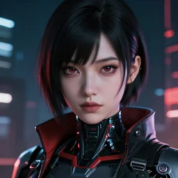 a detailed potrait of a cyberpunk cyborg girl with black and red parts, fine - face, realistic shaded perfect face, fine details. night setting. very anime style. realistic shaded lighting poster by ilya kuvshinov katsuhiro, unreal engine, global illumination, radiant light, detailed and intricate environment