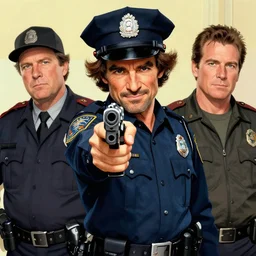 portrait of bob ross in a police uniform aiming a gun at the camera, by tim hildebrandt and brian bolland and george perez