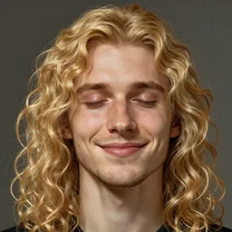 Lucius with closed eyes smiling, clean shaven young androgynous, very detailed sharp angular masculine face, hooked nose and square jaw long fluffy curly blond hair, light blond hair, gorgeous, beautiful, intricate, highly detailed, digital painting, artstation, concept art, sharp focus, illustration, art by greg rutkowski and alphonse mucha