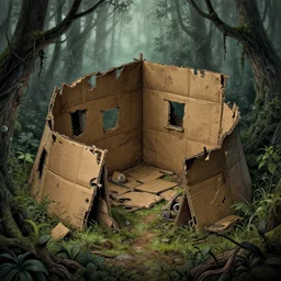 dilapidated cardboard fort, hidden away within the witchwood swamp, overgrown, mist, rotting, detailed intricate ink illustration, dark atmosphere, detailed illustration, hd, 4k, digital art, overdetailed art, concept art, by greg rutkowski, by loish, complementing colors, Trending on artstation, deviantart