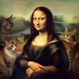 beautiful portrait of a nordic woman surrounded by ordinary house cats, in mona lisa pose, intricate, elegant, highly detailed, digital painting, artstation, concept art, smooth, sharp focus, illustration, drawn by frank frazetta