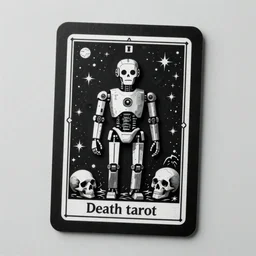 the death tarot card as an I Robot, black paper, by mario feng, skulls, ray tracing, master shot, octane render, 8k, ultra hd, perfect light