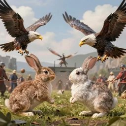 intense battle between bipedal bunnies and humanoid eagles