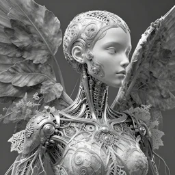 bw 3 d render, hyper detailed, stunning beautiful biomechanical albino female cyborg with a porcelain profile face, angelic, beautiful natural soft rim light, big leaves and stems, roots, fine foliage lace, alexander mcqueen, studio ghibli, herge, art nouveau fashion embroidered, steampunk, silver filigree details, hexagonal mesh wire, mandelbrot fractal, expressionism, 8 k
