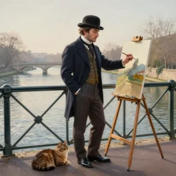 high quality high detail painting by by george stubbs and louis wain, trending on artstation, ewan mcgregor is standing by the river seine on a bridge in the morning. he is wearing a gentleman ´ s outfit with a bowler hat. next to him at his feet is lying a brown cat. ewan mcgregor is painting a canvas that is put on an easel. morning light, 4 k